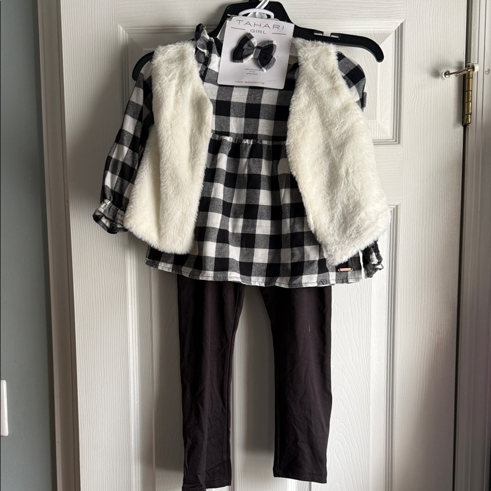 Tahari Black and White Checkered Dress with Faux Fur Vest